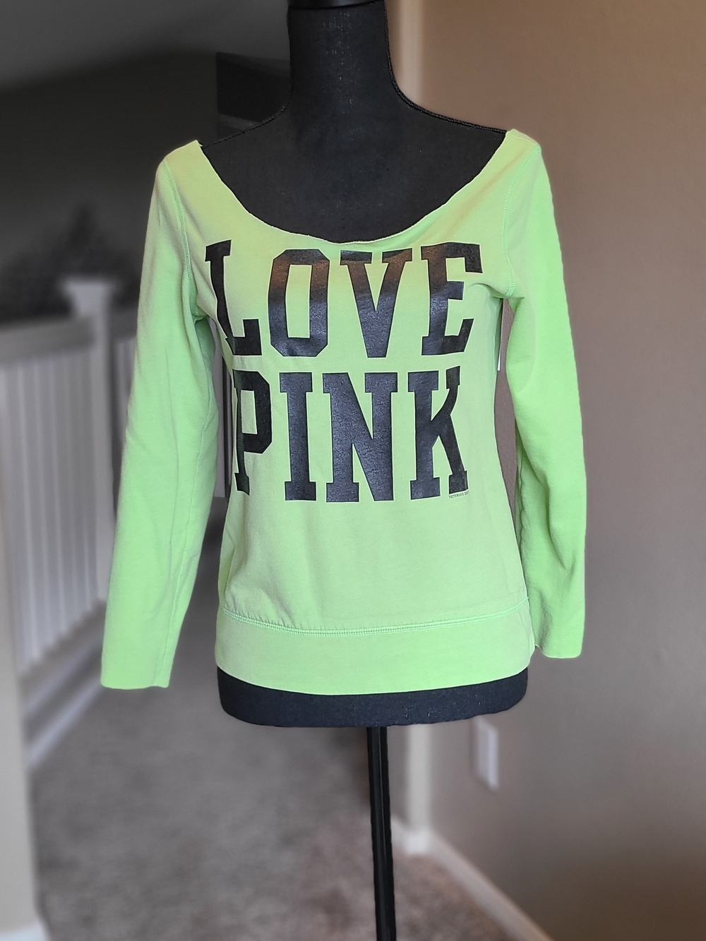 PINK Victoria's Secret Neon Lime "LOVE PINK" Off-Shoulder Sweatshirt